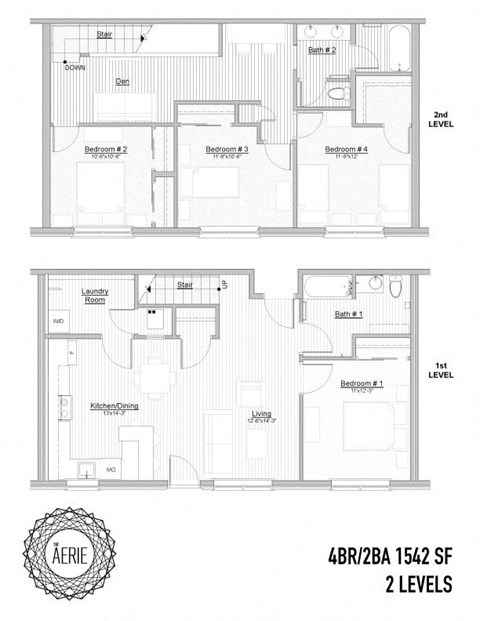 Floor plan for 4 beds, 2 baths, 1542 sqft